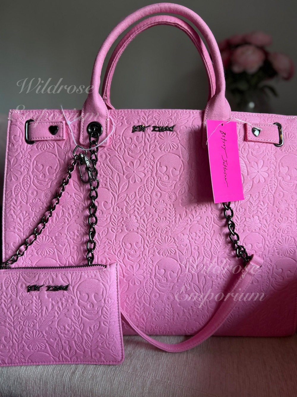 Betsey Johnson Pink Embossed Tote Chain-Accent Straps skull Halloween floral bag